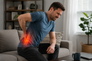 Man experiencing back pain in living room