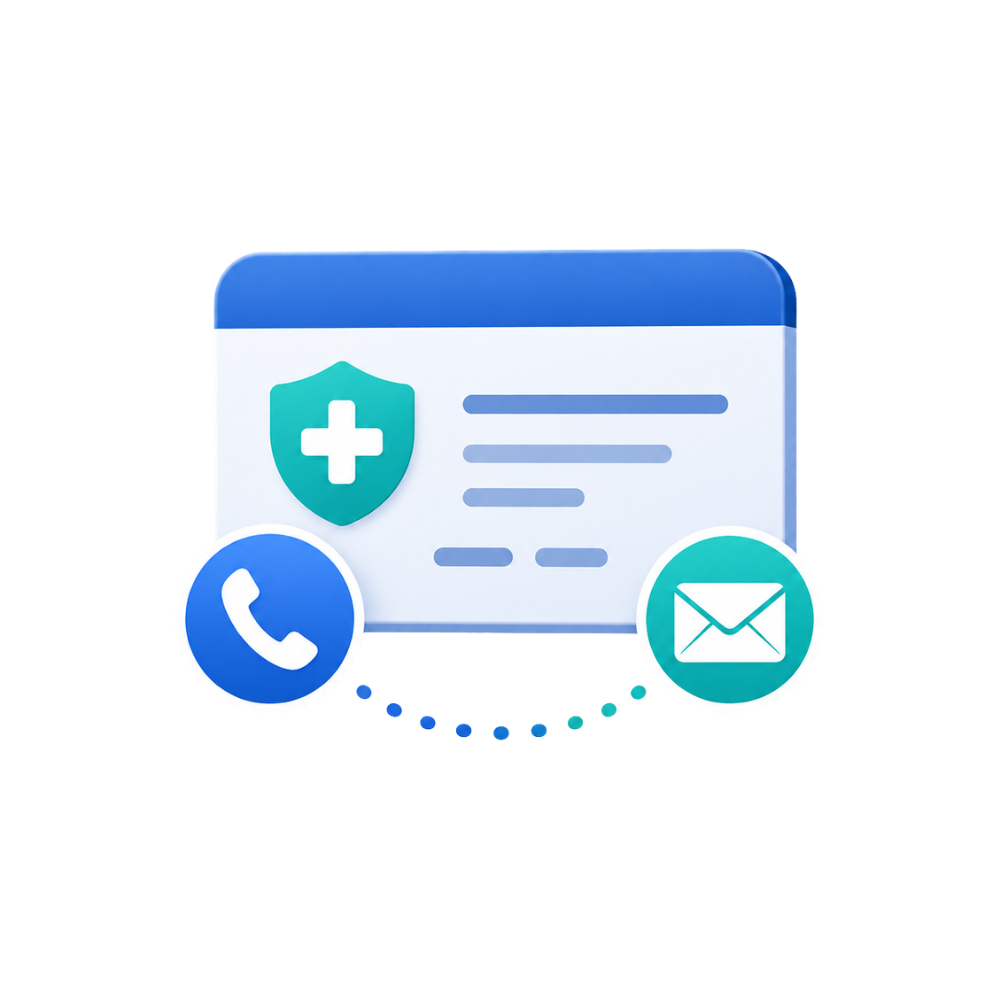 Insurance card with phone and email icons for submitting coverage details.
