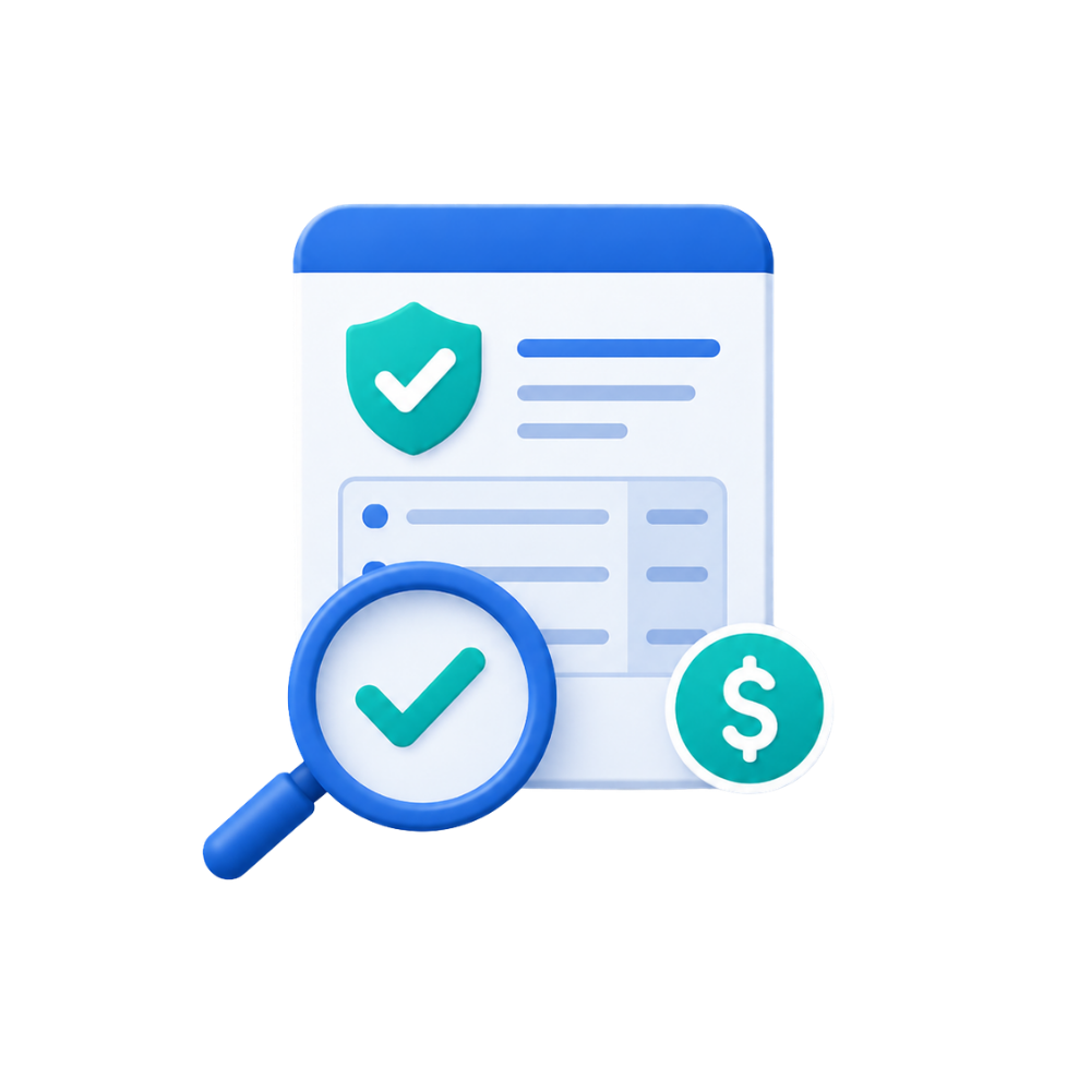 Insurance benefits document with a magnifying glass, checkmark, and cost symbol.