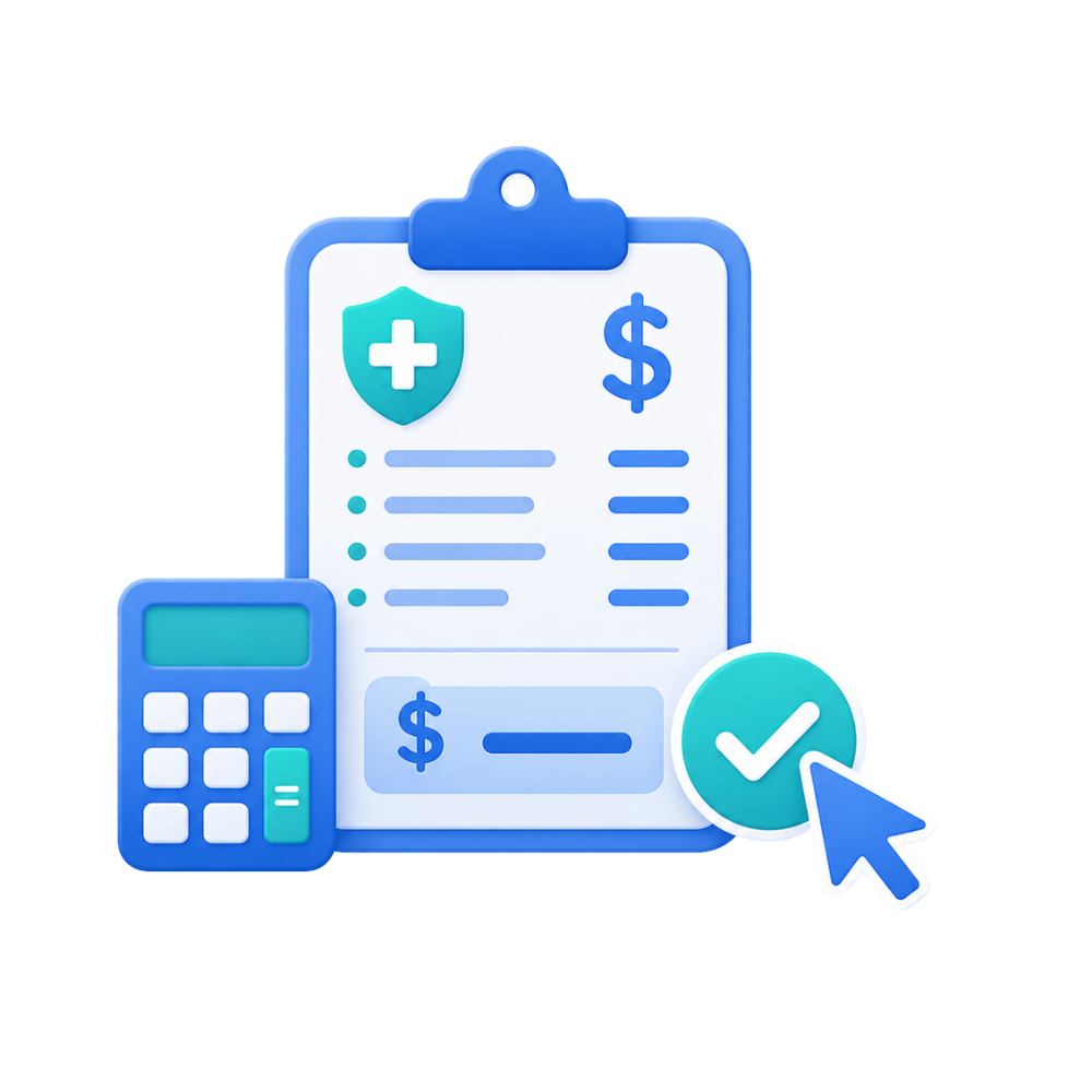 Medical cost estimate with calculator, pricing details, and approval checkmark.