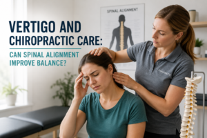 Patient discussing vertigo and balance concerns with a chiropractor during a personalized evaluation
